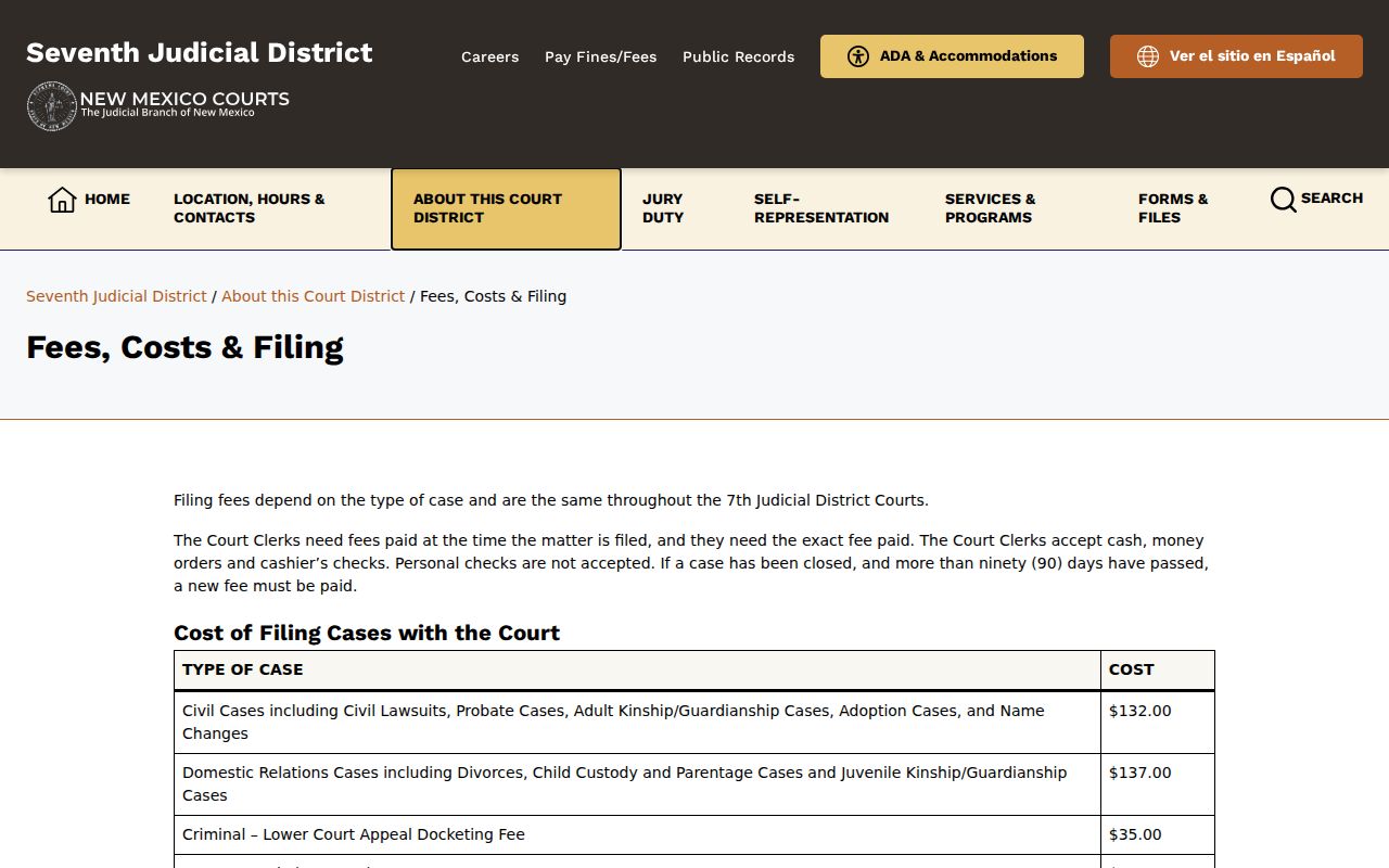 Socorro County civil docket Seventh District fee table