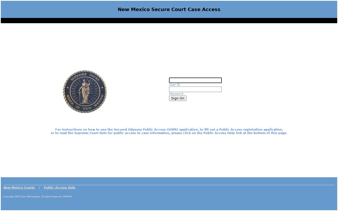 Socorro County criminal docket legacy SOPA login screen